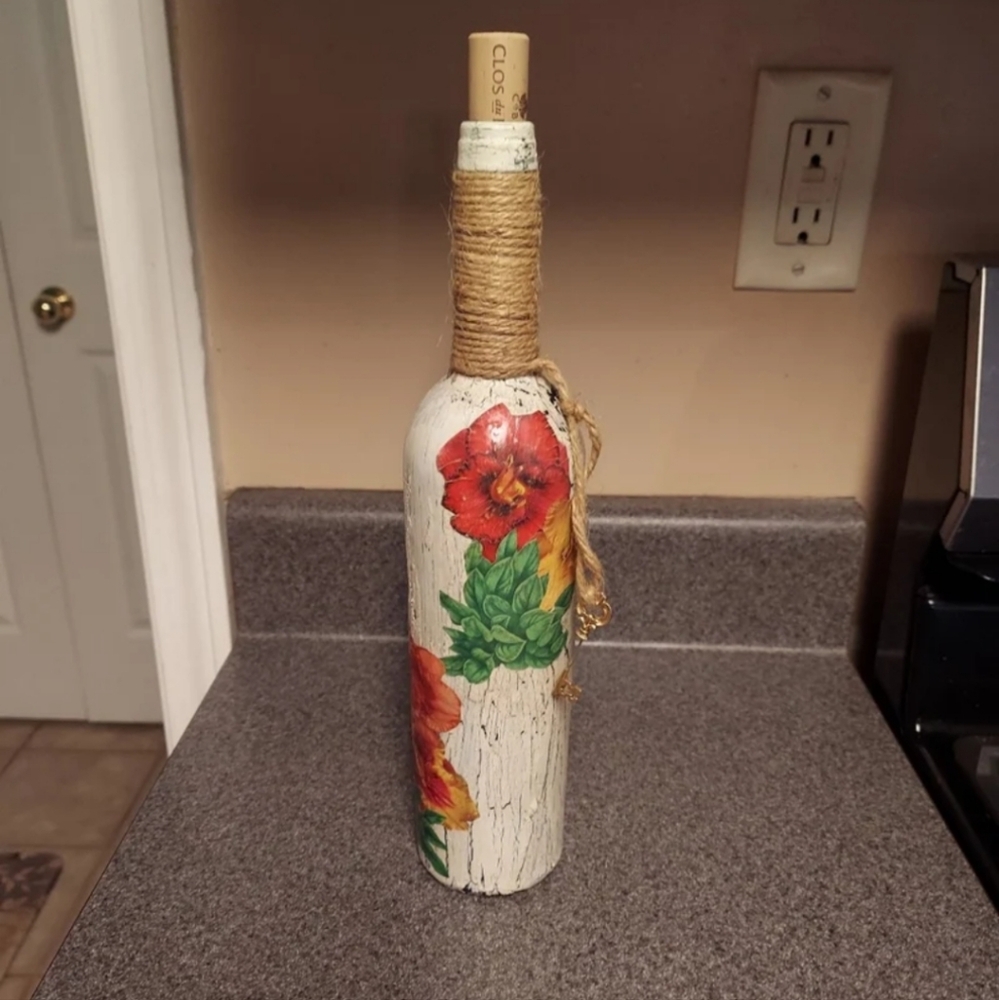 Hand Crafted Decoupage Wine Bottle Vase with Key Charm - Unique! EDC